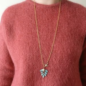 Gold chain long necklace with teal leaf & bird pendant 🌿🐦